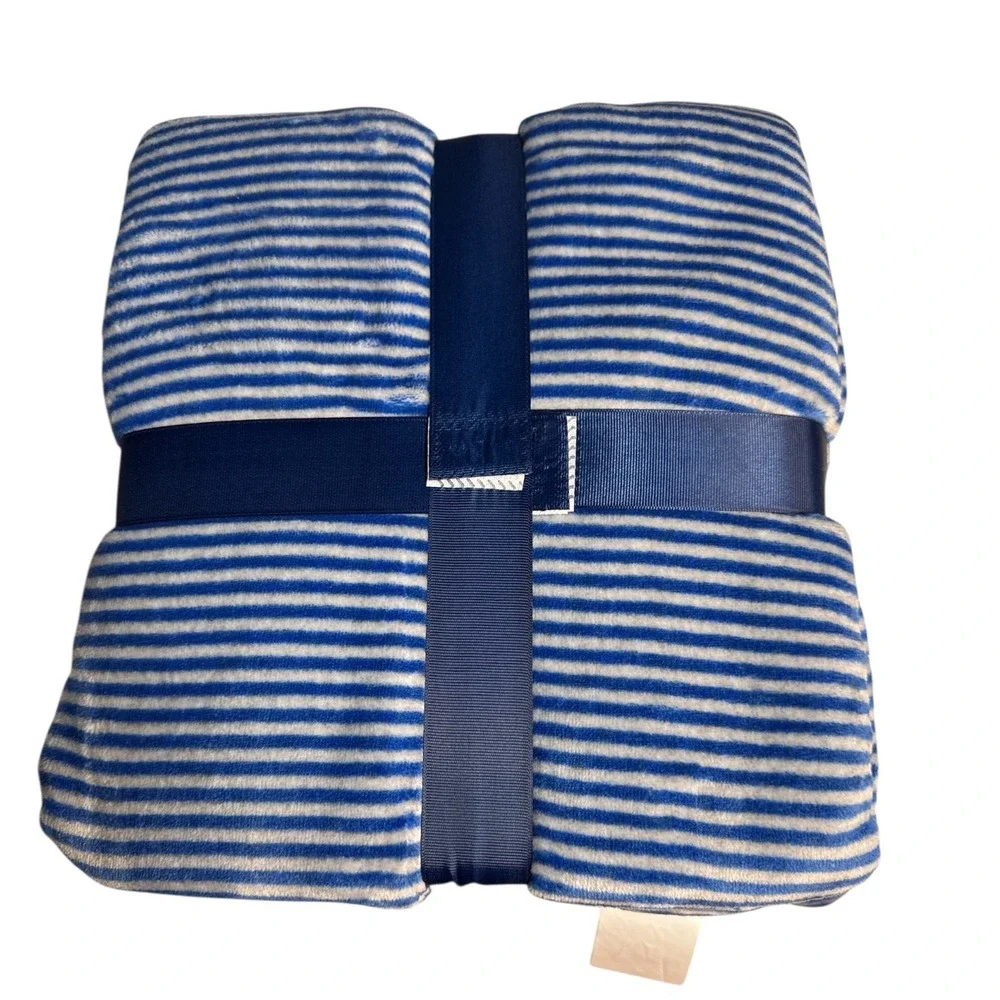 ANA Pillow & Throw Gift Set Blue Gray Stripe Flannel Fleece 50x60 Cozy Home Deco